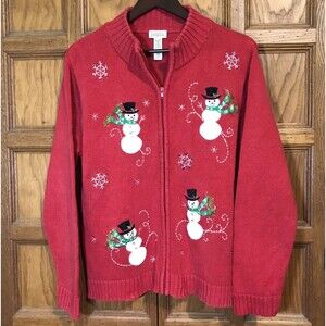 Classic Elements Christmas Snowman Sweater Women's XL Red Ramie Cotton Full Zip